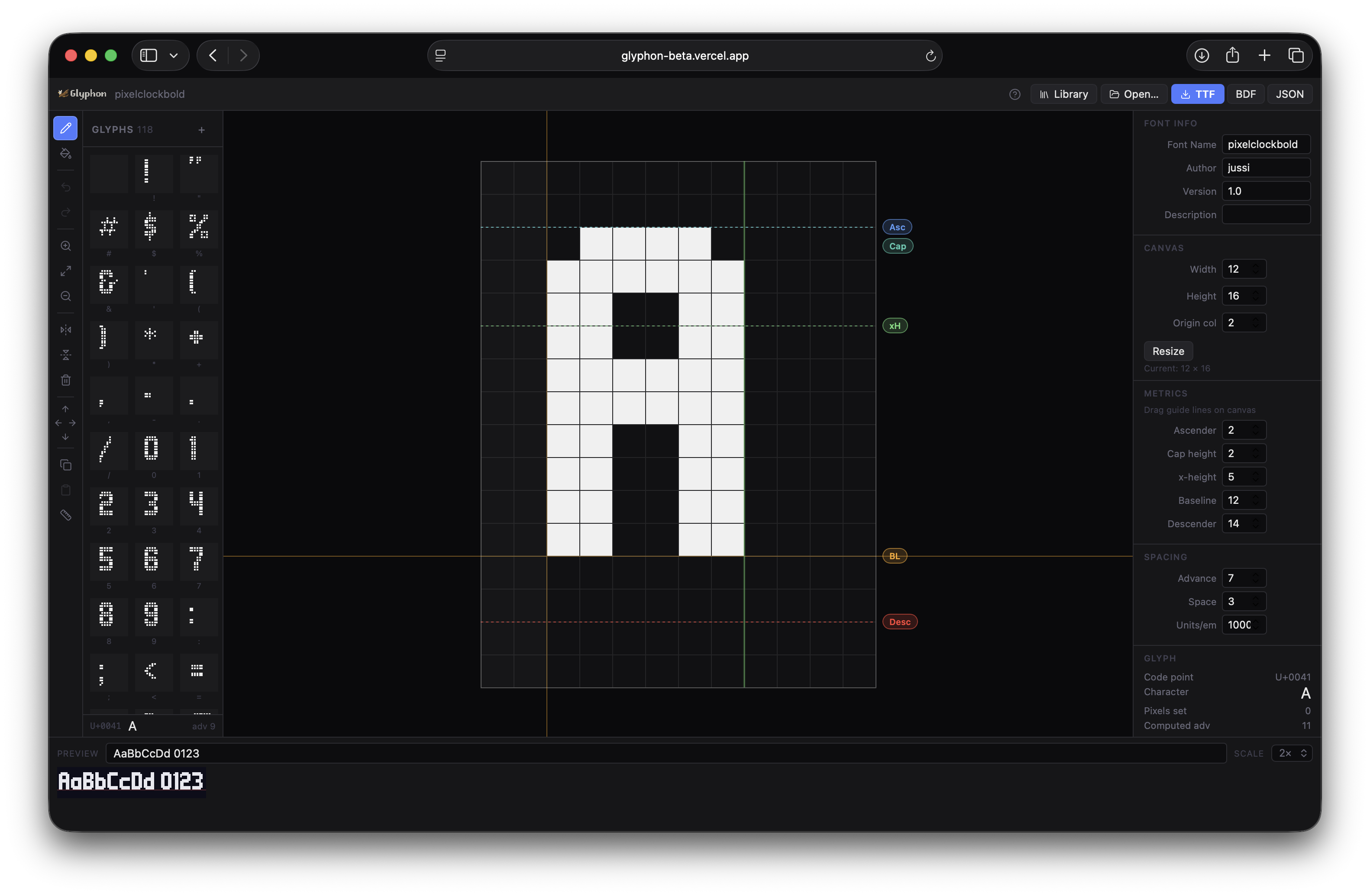 Glyphon editor showing a pixel font being designed
